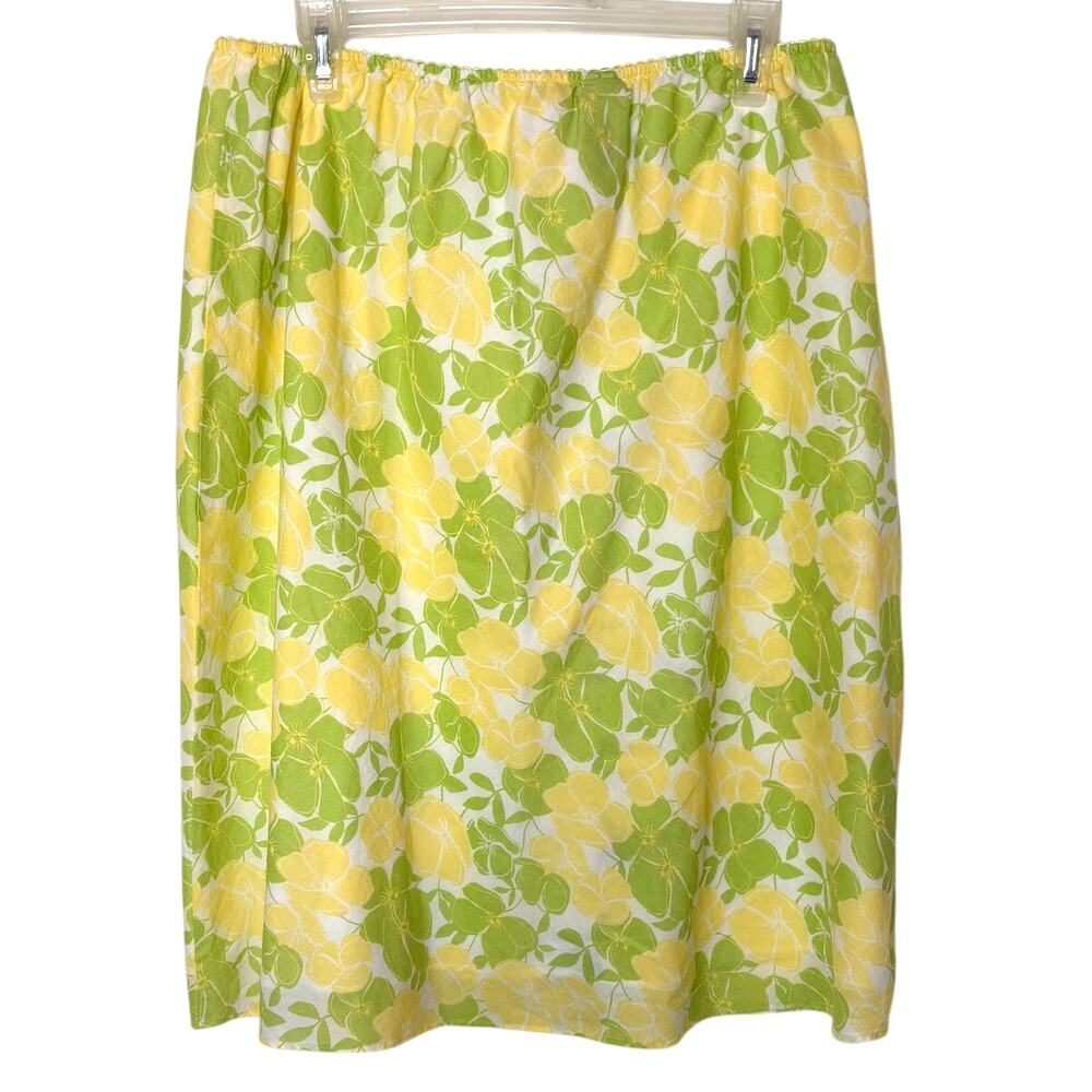 Jones Studio Wms 1X Yellow Green Floral Cotton Pull On Skirt Summer Picnic